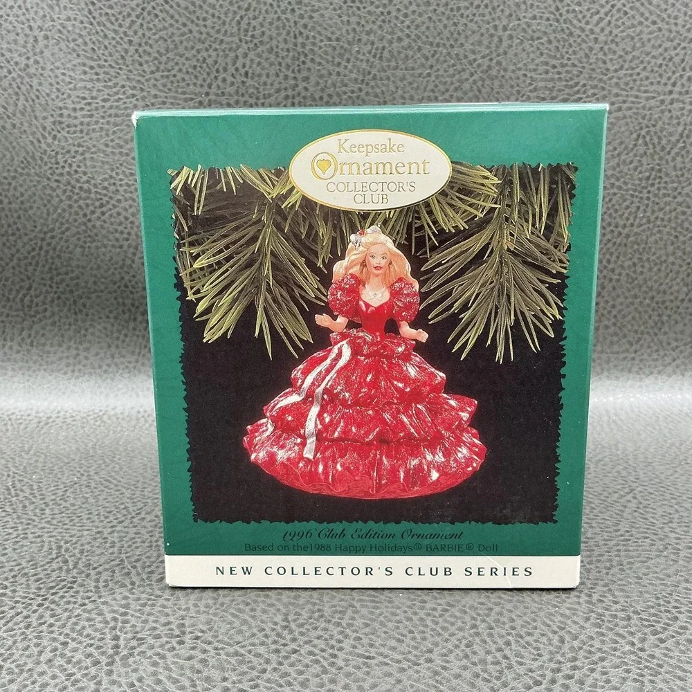 Hallmark Keepsake Ornament 1996 Club Barbie Happy Holidays Red Dress Christmas
